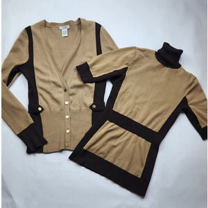 Cache Sweater Set Turtleneck & Cardigan Tan Brown Colorblock XS / Small Knit Top